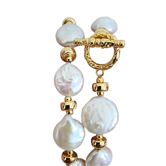 Coin Pearl Necklace Gold Accent Beads Toggle Clasp A0369 Q7 - Picture 4 of 15